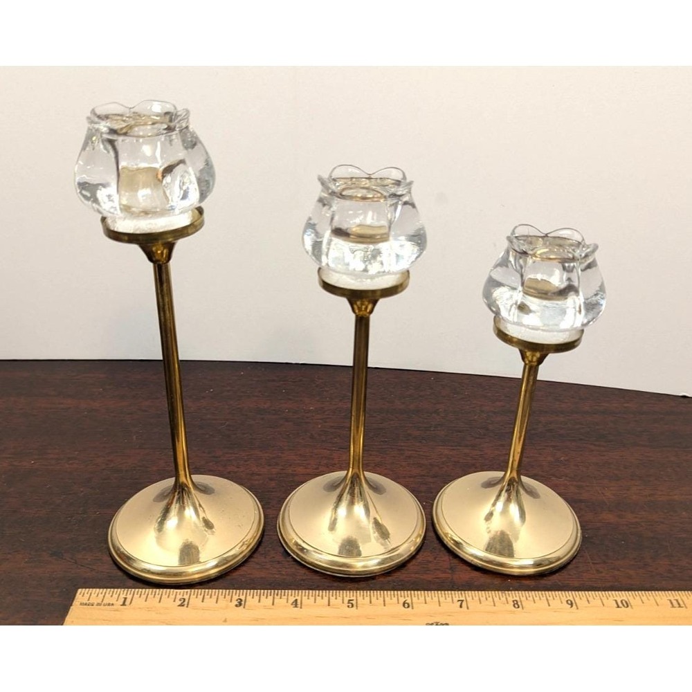 Vintage Graduated Brass Candlestick Holders Set 3 Glass Tulip Votive Cups Gold - Picture 4 of 7